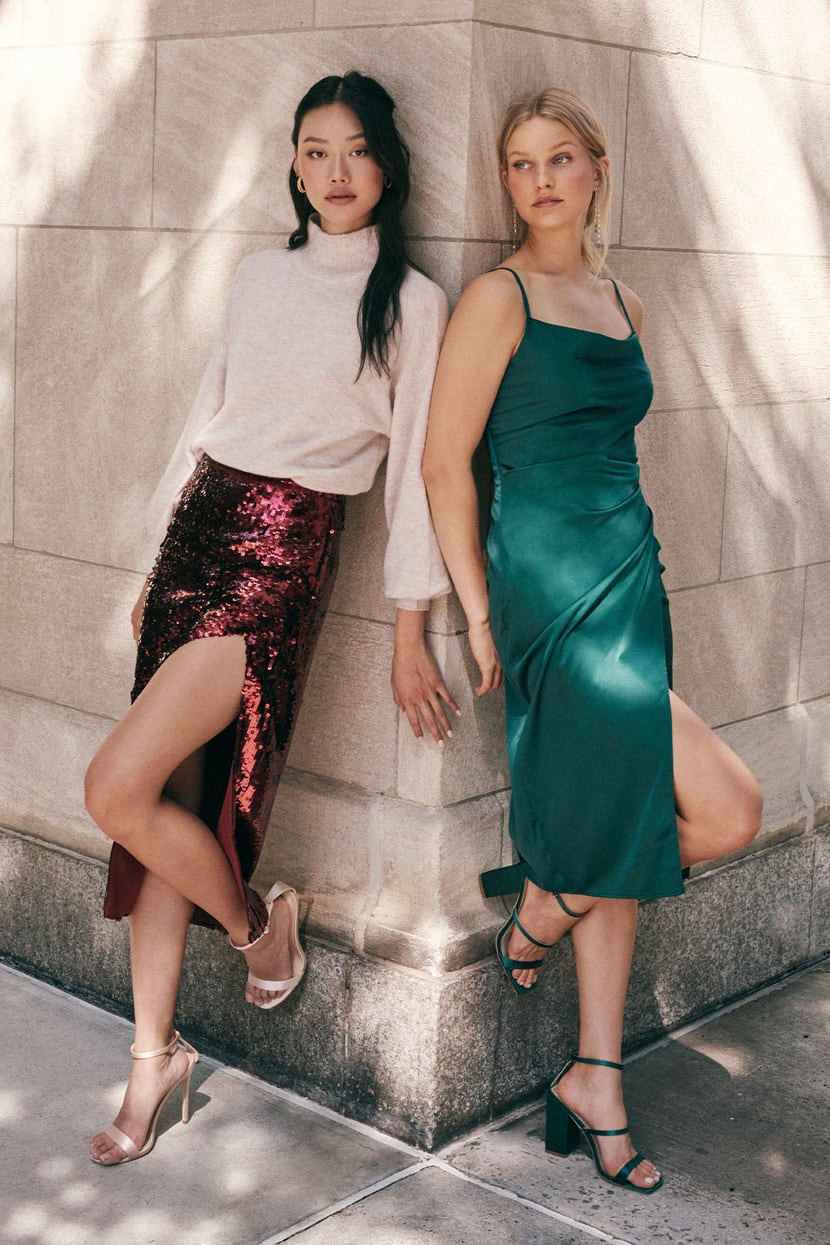 Throwing Sparkles Shiny Burgundy Sequin Midi Skirt Red Sequin Skirt And Sweater Skirts Winter Skirt | Lulus (US)