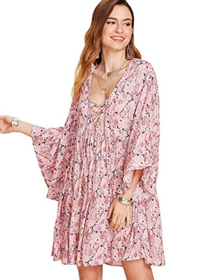 Milumia Women's Floral Print Front Cross Deep V-Neck Flare Sleeve Loose Short Mini Dress | Amazon (US)