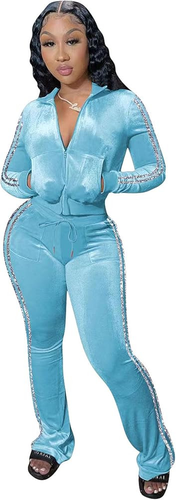 yidengymx Womens 2 Piece Velour Tracksuit Two Piece Outfits for Women Long Sleeve Zip Up Crop Top... | Amazon (US)