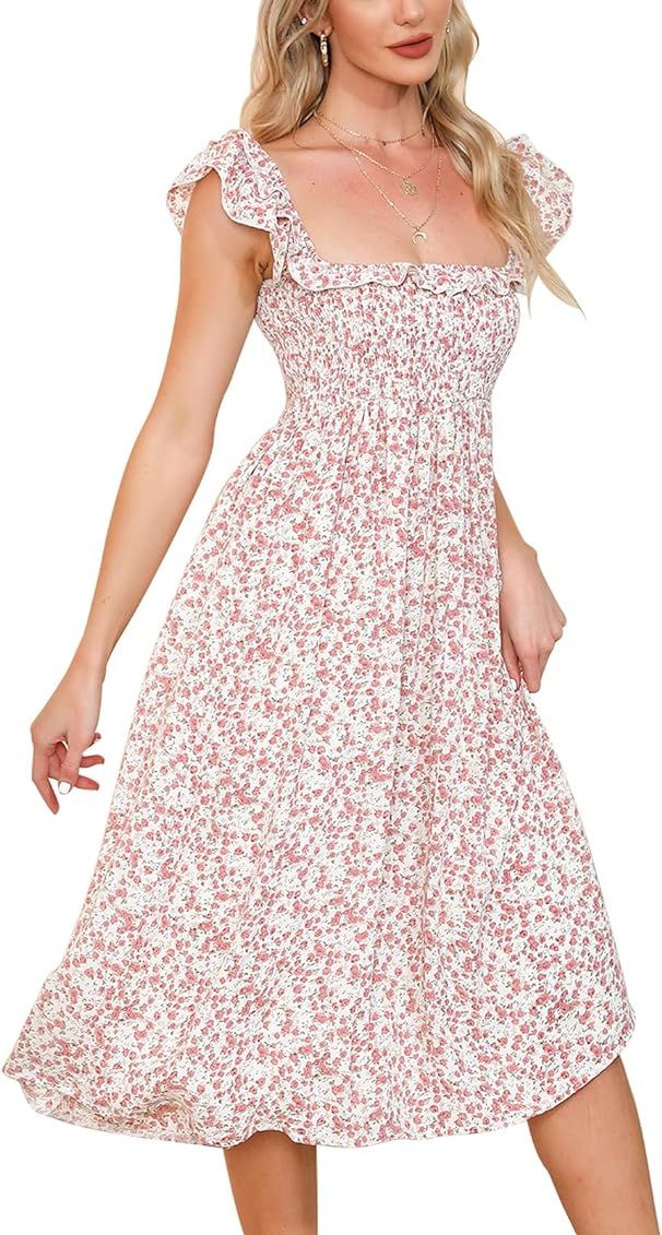 EXLURA Women's Sleeveless Dress Square Neck Floral Print High Waist A-line Ruffle Smocked Backless M | Amazon (US)