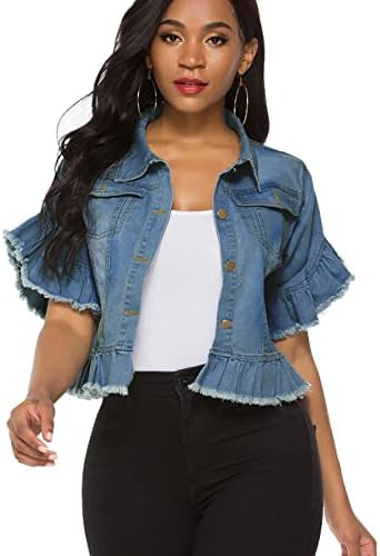 Suvimuga Women's Denim Jacket Button Down Distressed Ruffle Sleeve Crop Jean Jackets Coat | Amazon (US)