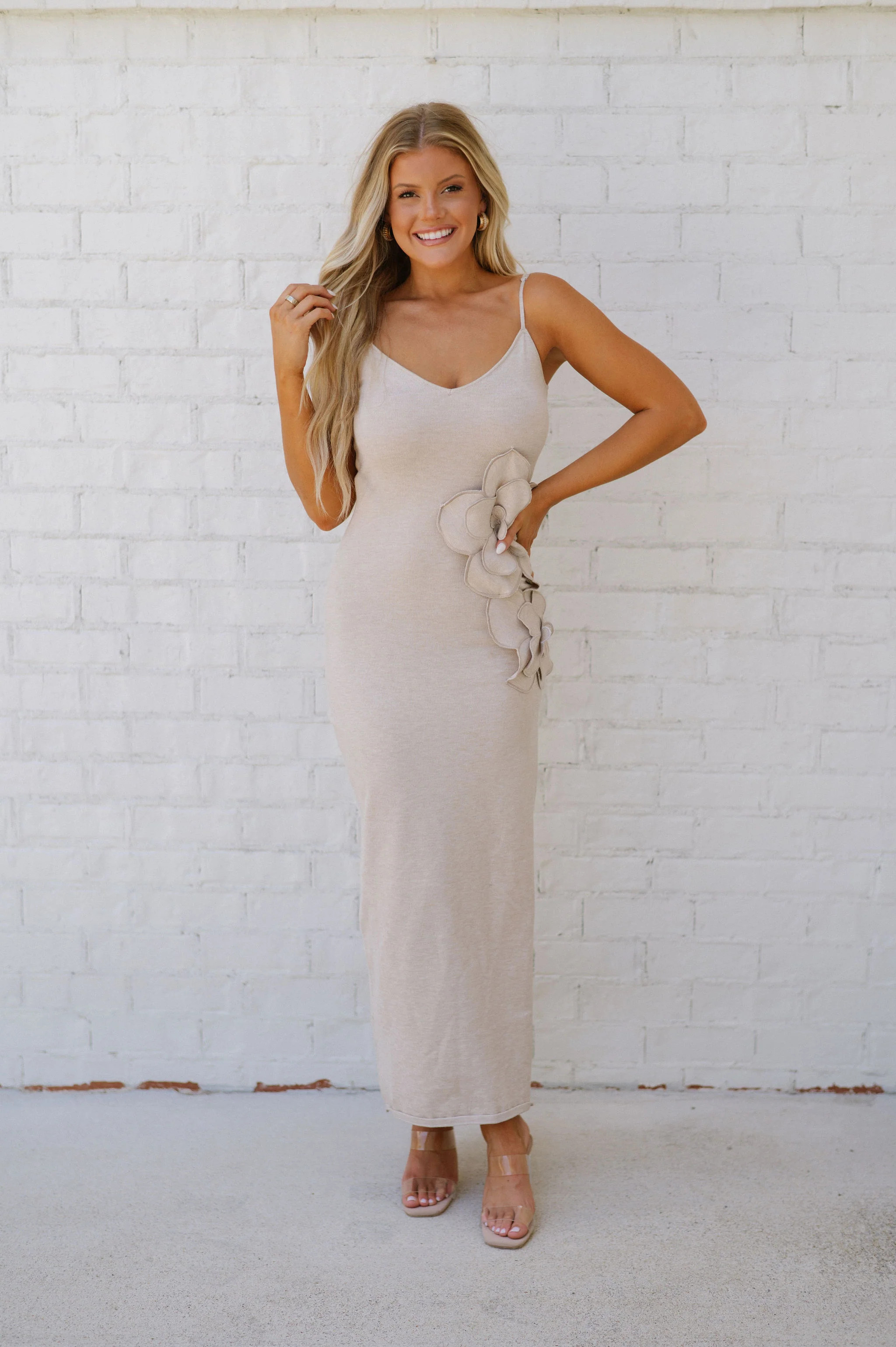 Rosette Sweater Maxi Dress-Natural | These Three