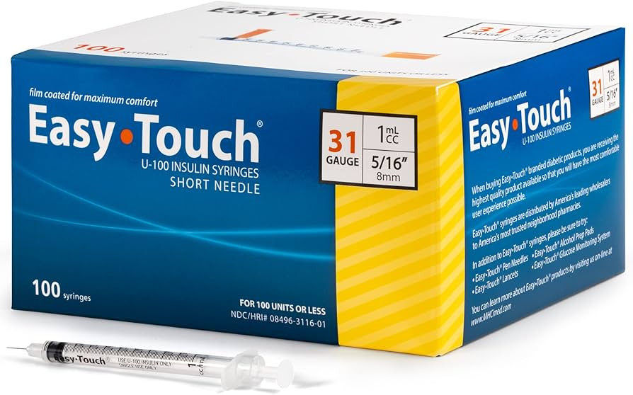 EasyTouch U-100 Insulin Syringe with Needle, 31G 1cc 5/16-Inch (8mm), Box of 100 | Amazon (US)