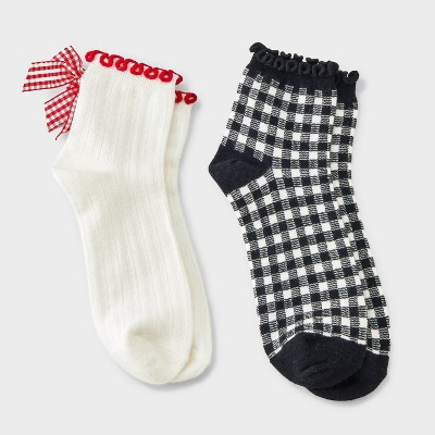 Women's 2pk Comfortwear Gingham Bow Anklet Socks - Auden™ - Sour Cream/Ebony | Target