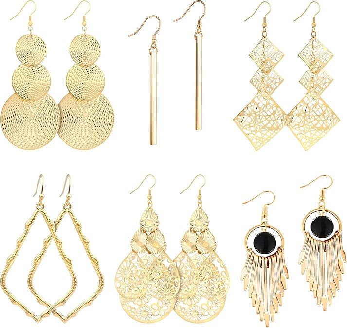 Women's Gold Dangle Chandelier Earrings Filigree Tiered Hollow Cutout Earrings for Party Prom xMA... | Amazon (US)