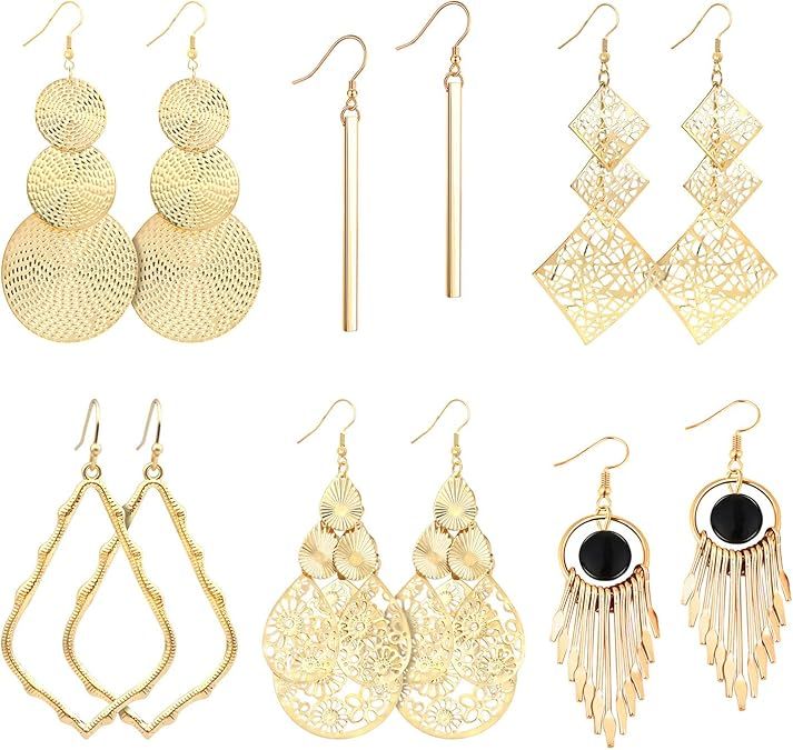 Women's Gold Dangle Chandelier Earrings Filigree Tiered Hollow Cutout Earrings for Party Prom xMA... | Amazon (US)