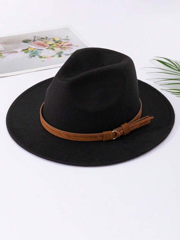 1pc 's Elegant Jazz Hat With Double Leather Strap Decoration, Suitable For Daily And Holiday Wear | SHEIN