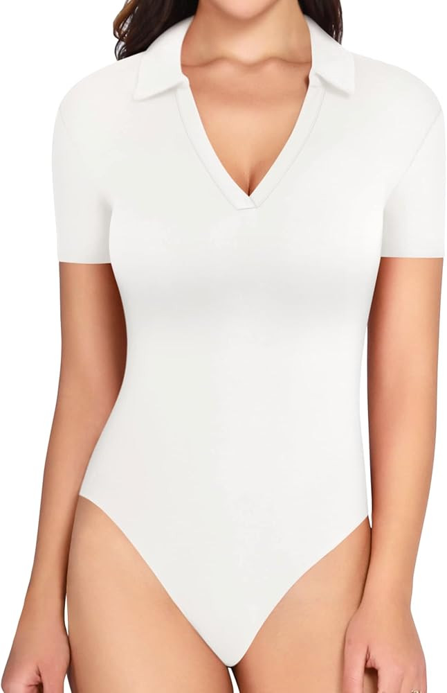 Women V Neck Polo T Shirts Short Sleeve Long Sleeve Bodysuit Tops Casual Collared Leotard | Amazon (US)