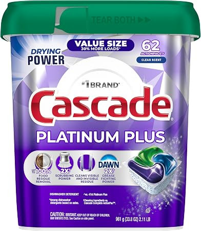 Cascade Platinum Plus Dishwasher Pods, Dish Detergent Soap, Clean Scent, 62 Count | Amazon (US)