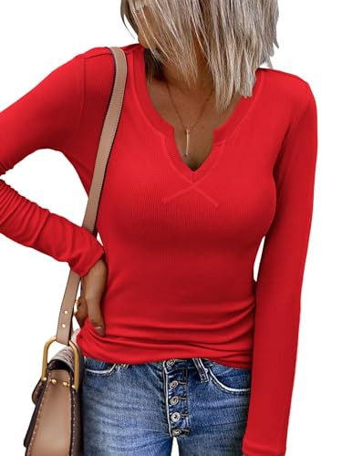 Zeagoo Womens Long Sleeve Shirts V-Neck Slim Fitted Knit Top Stretch Ribbed Basic Tee Casual Y2k ... | Amazon (US)