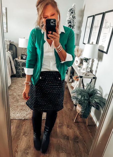 Talbots skirt 30% off, no iron button down shirt from Chicos and green cardigan from J.Crew Factory boots from DSW

Work outfit, holiday outfit, holiday party, skirts, boots, Christmas, holiday, deals, sale, winter outfit 

#LTKHoliday #LTKstyletip #LTKsalealert