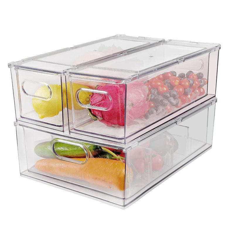 Shopwithgreen 3 Pack Stackable Refrigerator Organizer Bins with Pull-out Drawer, Drawable Clear F... | Walmart (US)