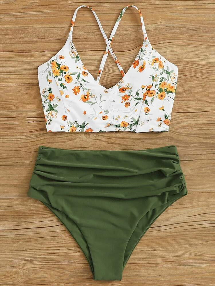 Plus Floral Ruched High Waisted Bikini Swimsuit | SHEIN