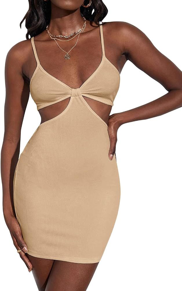 VNVNE Sexy Cut Out Mini Dress for Women, Backless Spaghetti Strap Bowknot Club Bodycon Dress | Amazon (US)
