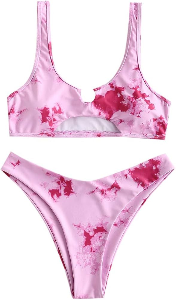 ZAFUL Women's Ribbed Bikini High Cut Bikini Smocked Swimwear Printed High Leg Bikini Swimsuit | Amazon (US)