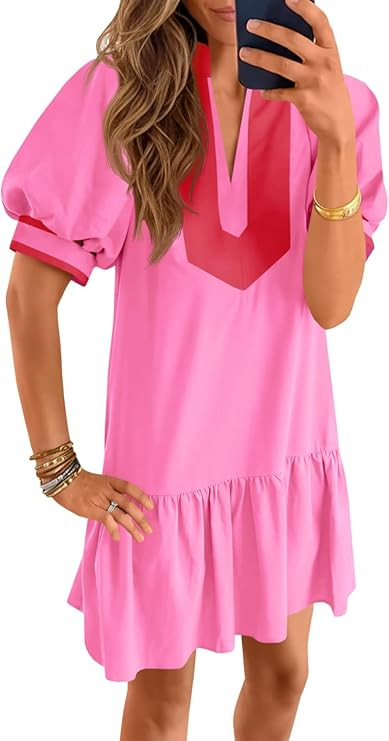 Wenrine Womens Summer Mini Dress Casual Short Puff Sleeve V Neck Color Block Loose Beach A Line D... | Amazon (US)