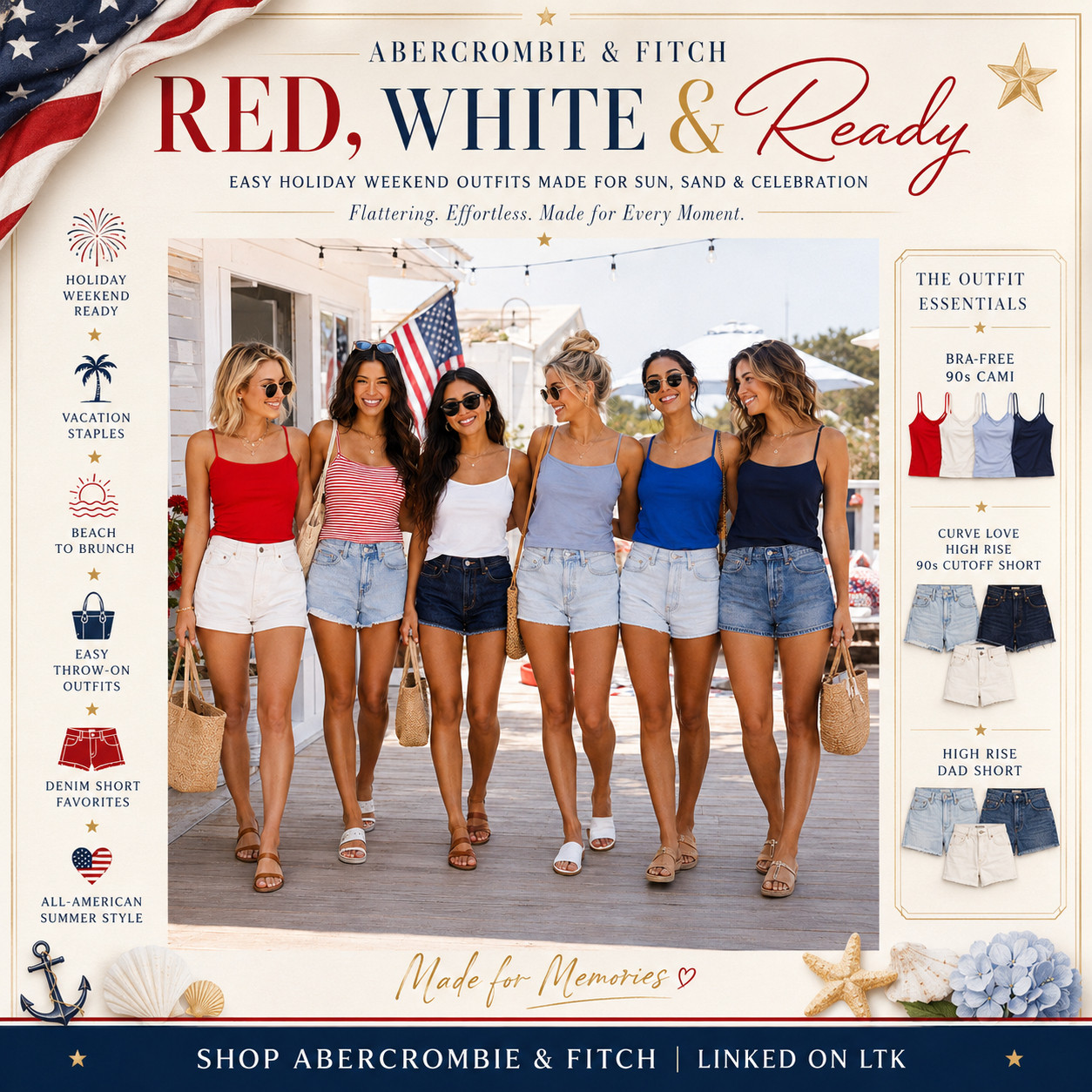 @abercrombie & Fitch Summer | Red, White & Blue USA Edit | Bra-Free 90s Cami Mix & Match Outfit Sets

Red, white, and ready outfits that make summer weekend dressing feel easy, flattering, and instantly pulled together 🇺🇸

These Abercrombie & Fitch pieces are such strong warm-weather staples if you want holiday weekend outfits that feel cute, classic, and wearable way beyond just Fourth of July.

The Bra-Free 90s Cami, Curve Love High Rise 90s Cutoff Shorts, and High Rise Dad Shorts are the kind of pieces that make getting dressed feel effortless because they work with almost anything and still look intentional.

What I love about this edit is that it gives festive summer style without feeling costume-y!!

The bra-free cami makes styling easier, the denim shorts keep everything casual and wearable, and the red, white, light blue, cobalt, navy, and denim color story gives that clean all-American summer outfit energy.

These are perfect for Fourth of July weekends, beach trips, lake days, backyard BBQs, boardwalk nights, vacation errands, casual brunch, concerts, travel days, and every sunny plan where you want to look cute without overthinking it.

The real selling point is how easy these are to rewear — pair the camis with denim shorts, white shorts, linen pants, skirts, or throw one under an open button-down for an easy beach-to-brunch look.

I did the digging for you — if you’ve been wanting Abercrombie summer outfits, bra-free camis, denim shorts, Curve Love shorts, Fourth of July outfit ideas, vacation outfits, lake day looks, or easy red white and blue pieces you’ll actually wear again, these are the pieces I’d check first before colors and sizes start moving!!

📌 SAVE this for Fourth of July weekends, summer trips, and easy Abercrombie outfit ideas.

↓ Everything is linked!

#LTKxAbercrombie #LTKSaleAlert #LTKTravel
