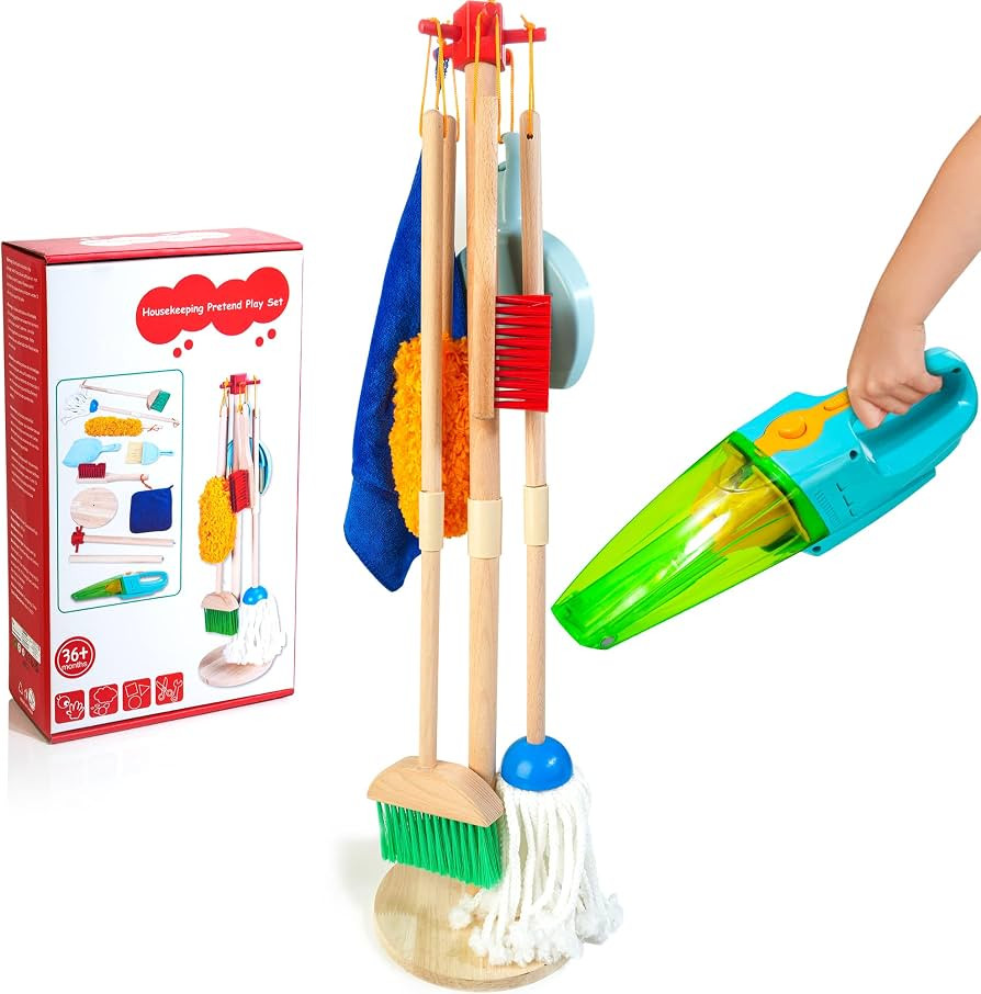 Kids Cleaning Set with Electric Vacuum Cleaners, Wooden Pretend Play Housekeeping Set, Toddler Cl... | Amazon (US)