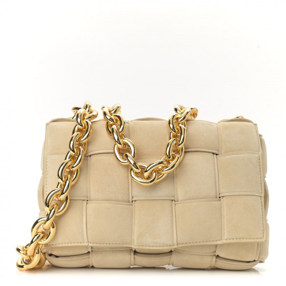 BOTTEGA VENETA Suede Maxi Intrecciato Padded Chain Cassette Crossbody Bag Sand | Fashionphile