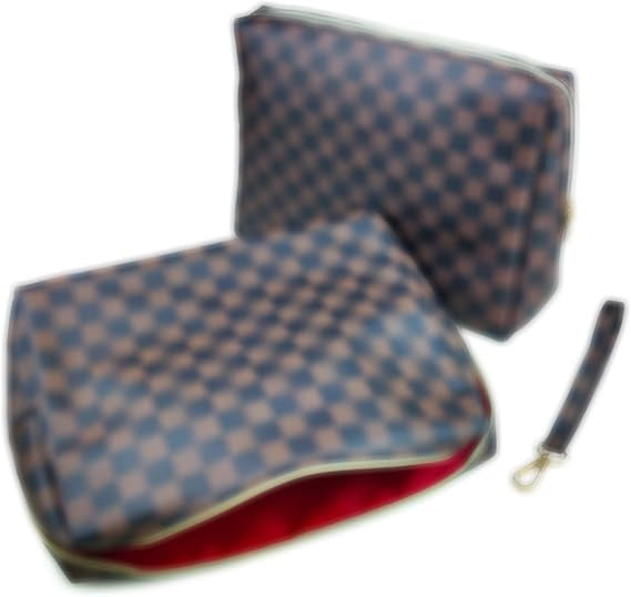 Brown Checkered Makeup Bag,Lakeber 2Pcs Cosmetic Travel Bag, Portable Designer Makeup Bag, Lightw... | Amazon (US)