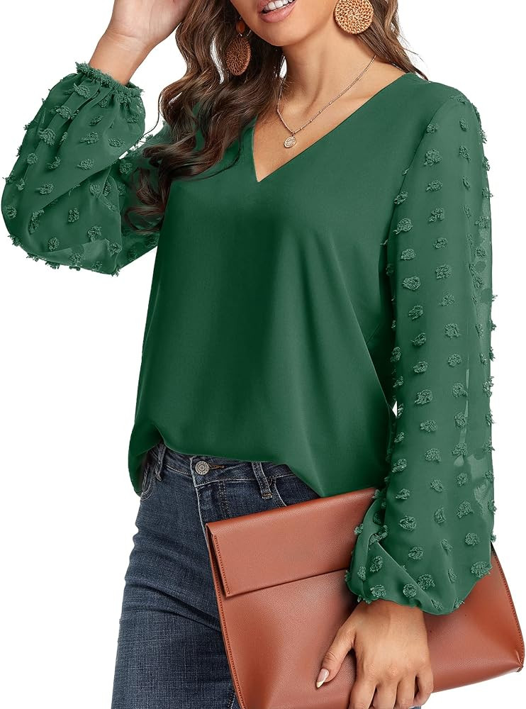 GOORY Swiss Dot Tops for Women Lantern Sleeve V Neck Chiffon Blouses Casual Work Shirts | Amazon (US)