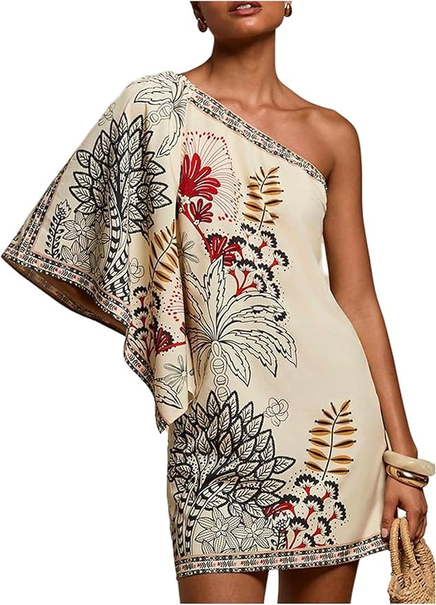 Floerns Women's Floral One Shoulder Mini Dress Dolman Sleeve Vacation Tunic Dresses | Amazon (US)