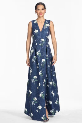 BROOKLYNNE NAVY WHITE FLORAL EMBELLISHED BALL GOWN | Sachin and Babi