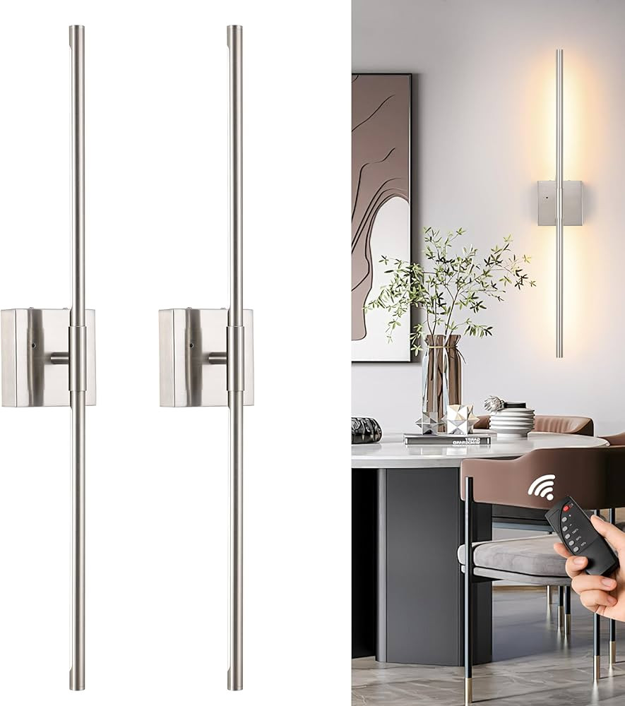 Sand-Nickel Battery Operated Wall Sconces Set of Two, Dimmable Wall Sconces with Remote Control, ... | Amazon (US)