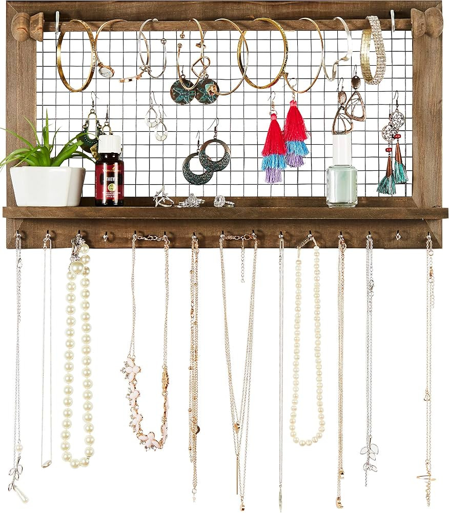 Rustic Jewelry Organizer with Bracelet Rod Wall Mounted - Wooden Wall Mount Holder for Earrings, ... | Amazon (US)