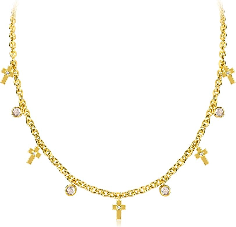 Gold Charm Necklace for Women 14K Gold Plated Dainty Round Cubic Zirconia Charm Choker Necklace C... | Amazon (US)