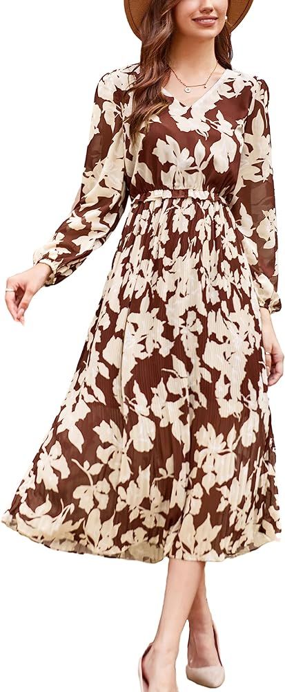 GRACE KARIN Womens 2023 Boho Floral Maxi Dress V Neck Long Sleeve Casual Ruffle Smocked A-line Pleat | Amazon (US)