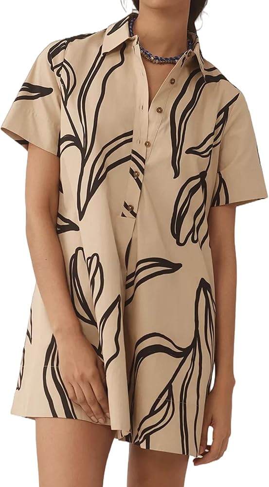 Short Sleeve Swing Tunic Mini Dress for Women Button Up Shirt Blouse Short Dress Summer Casual Fl... | Amazon (US)