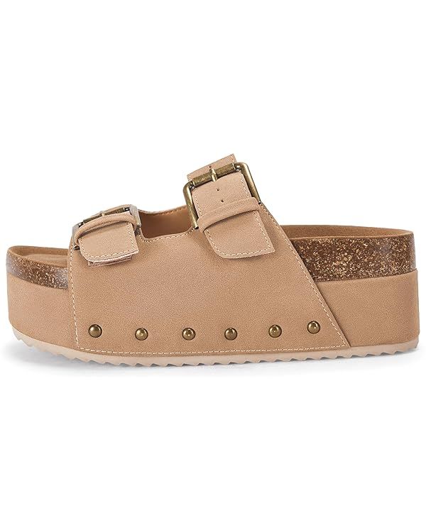 Coutgo Women's Cork Platform Sandals Slip on Mules and Clogs Double Buckle Straps Summer Shoes | Amazon (US)