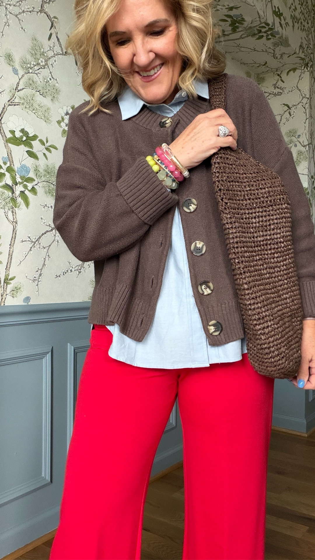 Anthro 20% off code NANETTE20
Colette pant in a ribbed knit. Come in many colors. Size up if in between. These run fitted. I’m in a 29 reg 
Sweater size medium 
Blouse size small 
20% off bracelet stack code NANETTE20
Linking similar sandals 

#LTKspring #LTKOver40 #LTKSaleAlert