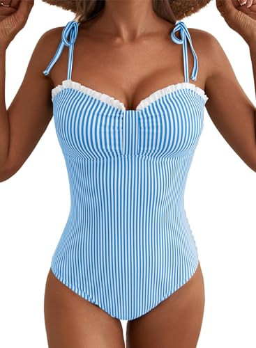 Herseas Women’s Striped One Piece Swimsuits Tie Shoulder High Cut Tummy Control Bathing Suit 20... | Amazon (US)