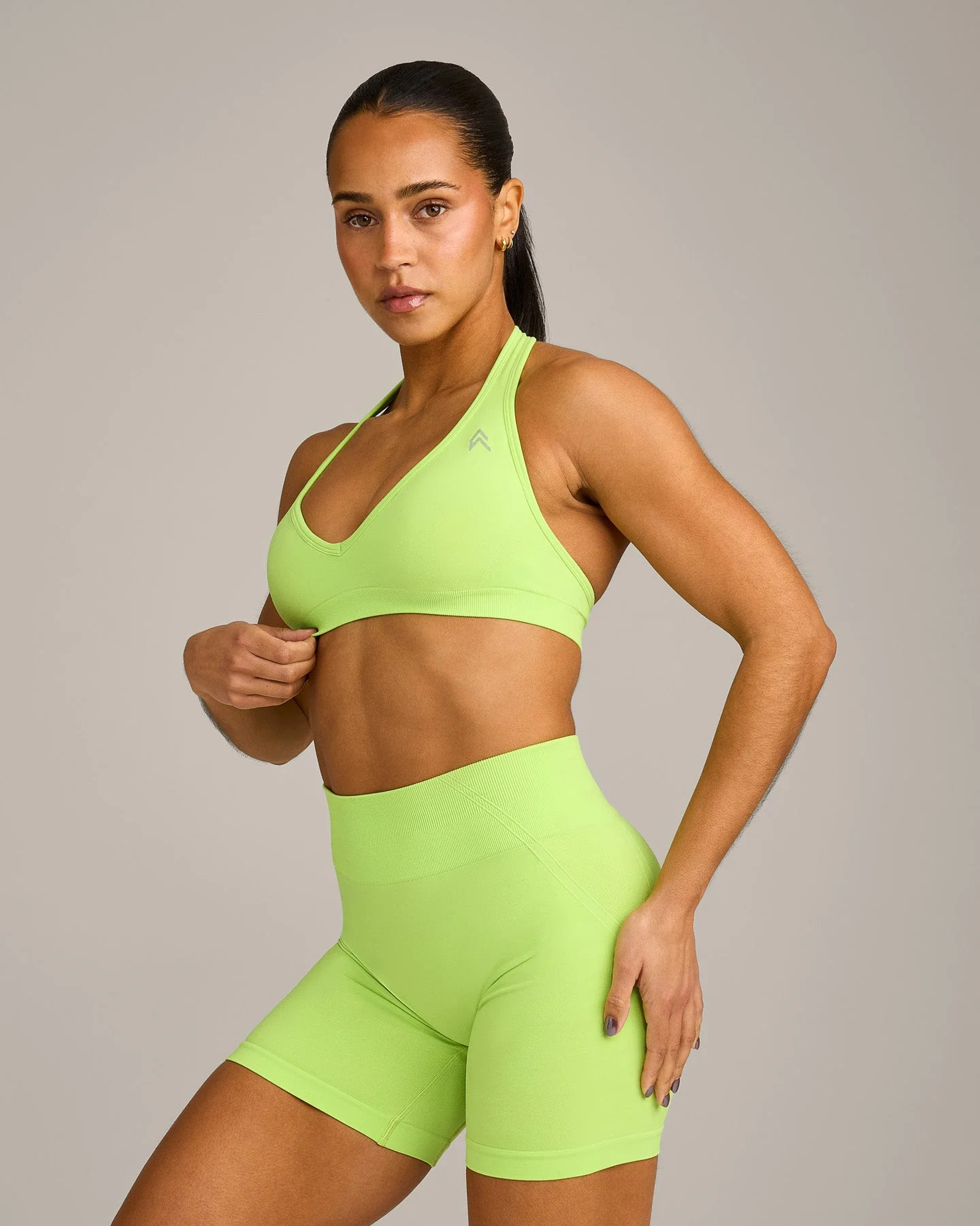 EffortlessLift™ Seamless Halter Neck Sports Bra with Gray Logo 
 Citrus Green | Oner Active (UK / US)