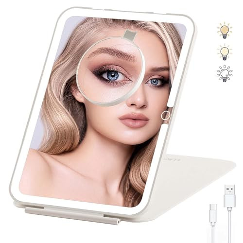 LUKYMIRO 7x9.5 Inches Lighted Travel Mirror with 10X Magnifying Round Mirror, Rechargeable Battery, USB-C Charging, 78 LEDs, Tabletop Mount | Amazon (US)
