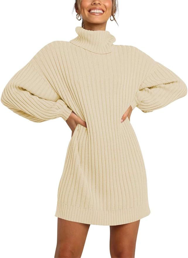 Prinbara Women Turtleneck Long Lantern Sleeve Casual Loose Oversized Sweater Dress Soft Winter Pu... | Amazon (US)