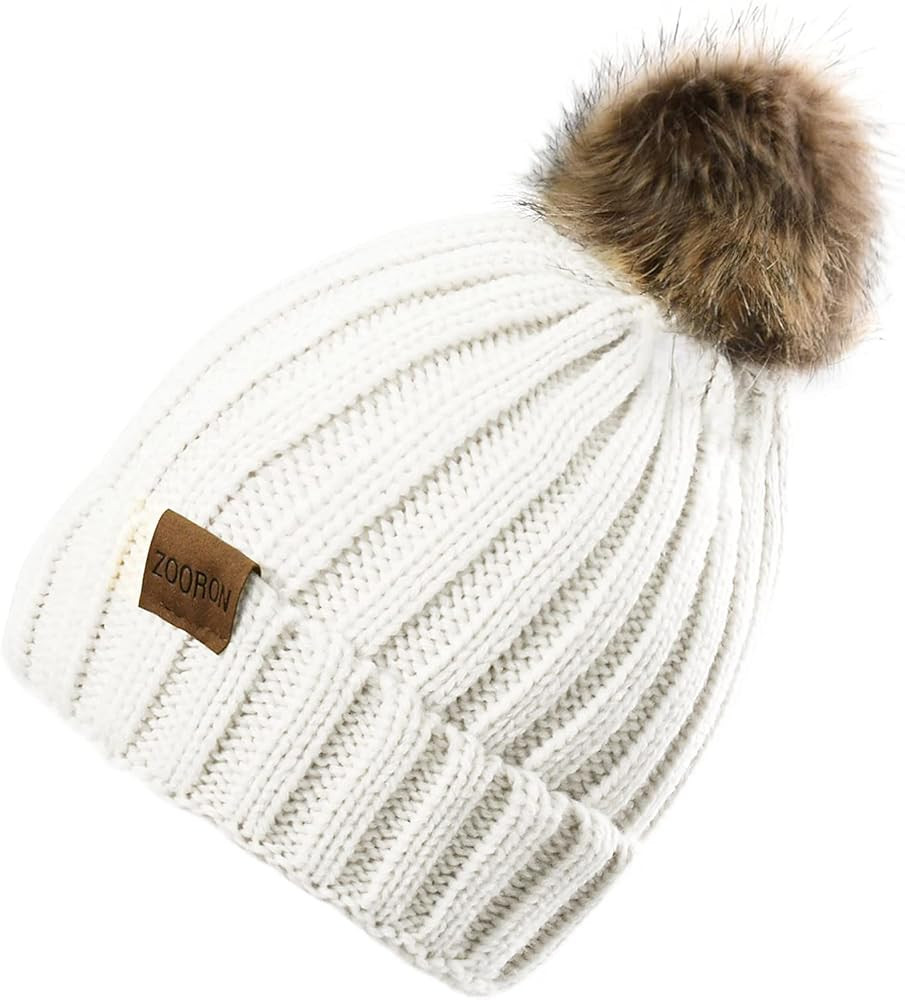 ZOORON Womens Winter Knitted Beanie Hat with Faux Fur Pom Pom Beanie Warm Knit Skull Cap Beanie f... | Amazon (US)