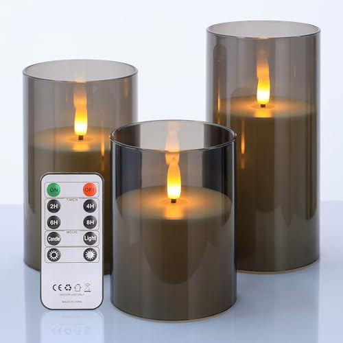 Flickering Flameless Candles with Remote Timer, Realistic Acrylic Battery Operated Candles, Grey Pillar Fake Candles for Home Decor, Wedding, Party, Holiday Festival, Set of 3, D3"x H4"/5"/6" | Amazon (US)