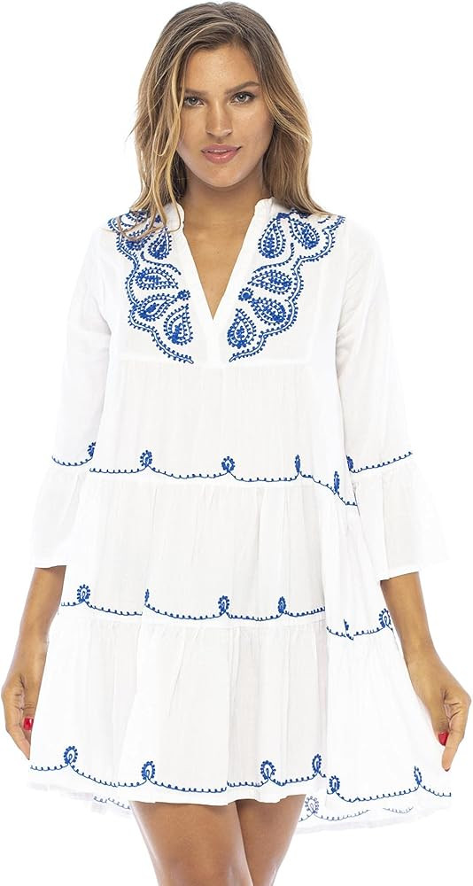 Back From Bali Womens Short Sundress Flowy Boho Beach Dress with Embroidered V Neck, Casual Sexy ... | Amazon (US)