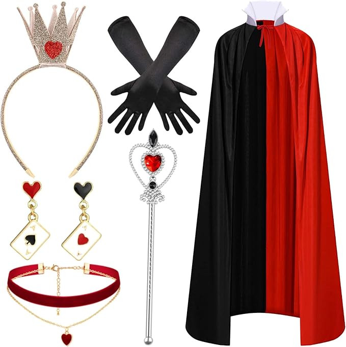 6 Pcs Queen Custome Set Include Dual-Layer Cape Cloak Black Satin Gloves Black Red Earrings Queen... | Amazon (US)