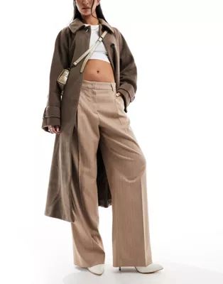 Mango light herringbone wide leg pants in brown | ASOS (Global)