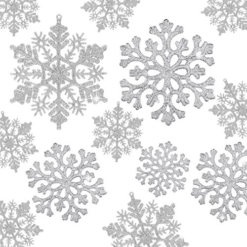 36pcs Christmas Snowflake Ornaments Plastic Glitter Snowflakes Ornaments for Xmas Tree Decorations, 4-inch, Silver | Amazon (US)