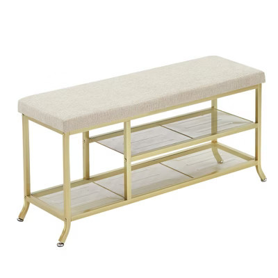 2-in-1 shoe rack bench, gold metallic shoe rack and bench with soft seat, two tiers of shelving, suitable for hallways, living rooms and bedrooms. | Target
