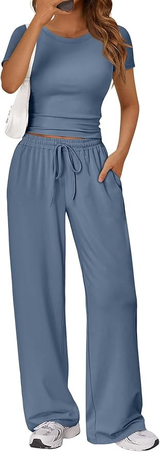 Trendy Queen 2 Piece Matching Summer Sweatsuit Lounge Set Womens Wide Leg Pants Side Ruching Crop... | Amazon (US)