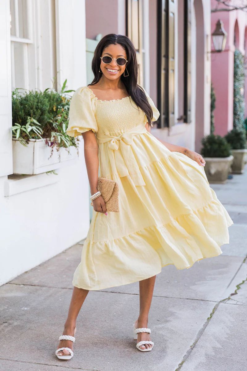 Looking For Perfection Yellow Puff Sleeve Midi Dress | The Pink Lily Boutique