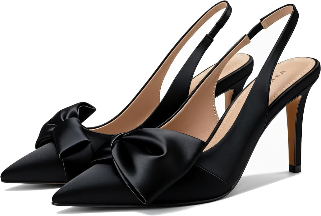 Women's Slingback Heels with Bow Pointed Toe Pumps with Elasticated Strap 3.3" High Heels for Eve... | Amazon (US)