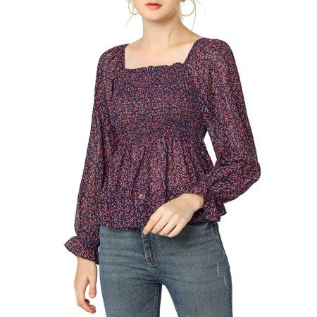 Allegra K Women s Off Shoulder Long Bell Sleeve Floral Print Smocked Blouse Top | Walmart (US)