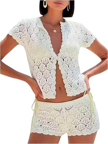 GORGLITTER Women's Crochet Short Sets Short Sleeve Button Down Cardigan Top and Shorts Vacation O... | Amazon (US)